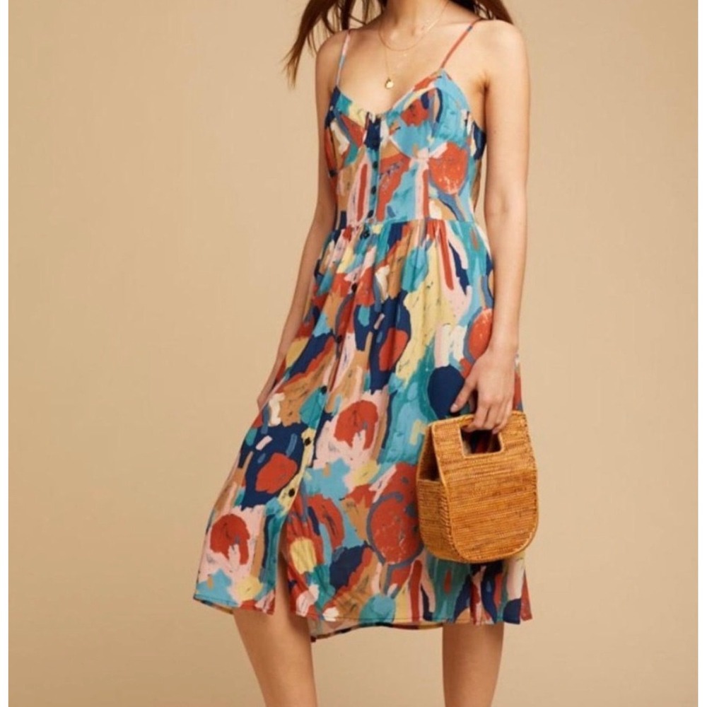 Rolla's Eve Midi Dress Abstract Paint Multi Color Button Front Size S